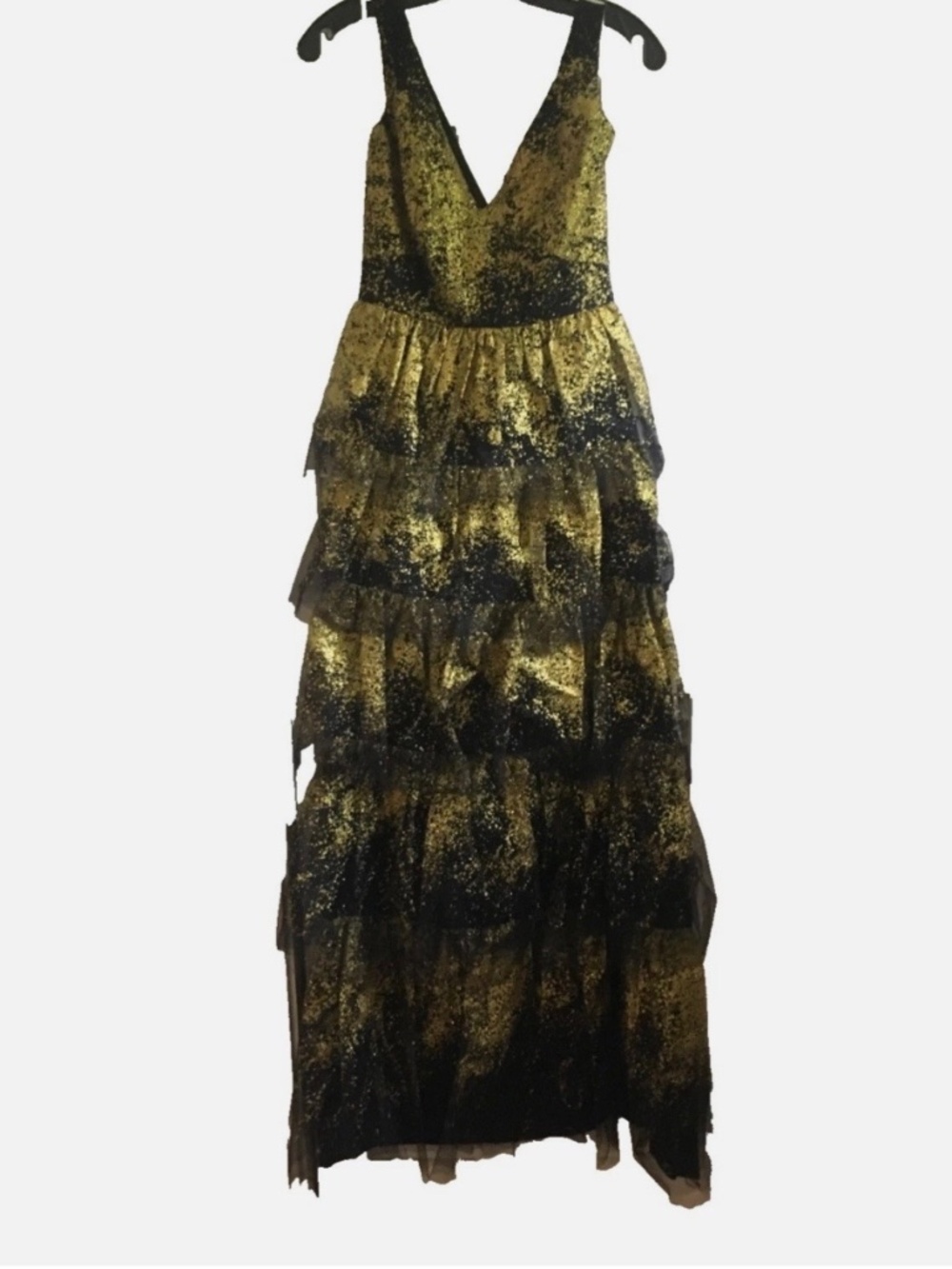 Marchesa Notte Gown Sleeveless V-Neck Black Gold Glitter Tiered Tulle Size 0 NWT